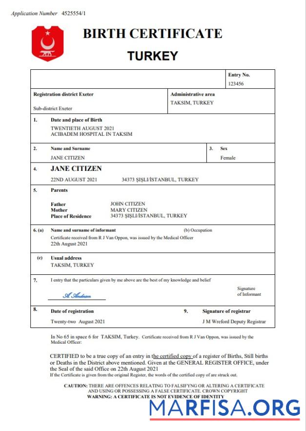 Realistic Turkey birth certificate in Word and PDF format sample